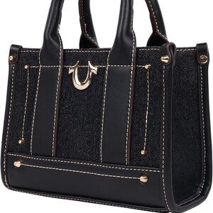 True Religion Structured Black Denim Logo Crossbody Mini Tote